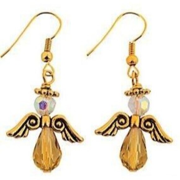 Crystal Gold Dangle Angel Earrings- Christmas, Religious Jewelry - Picture 2 of 5